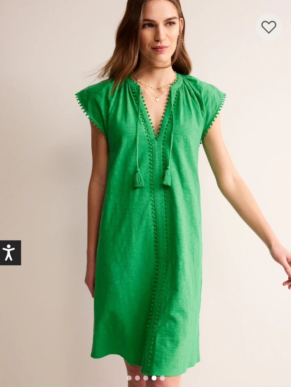 Boden Millie Pom Trim Cotton Dress Green Tambourine Size 4